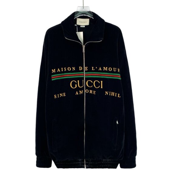 Gucci Black Velvet Maison De LAmour Track Jacket With Embroidered Details Zipper